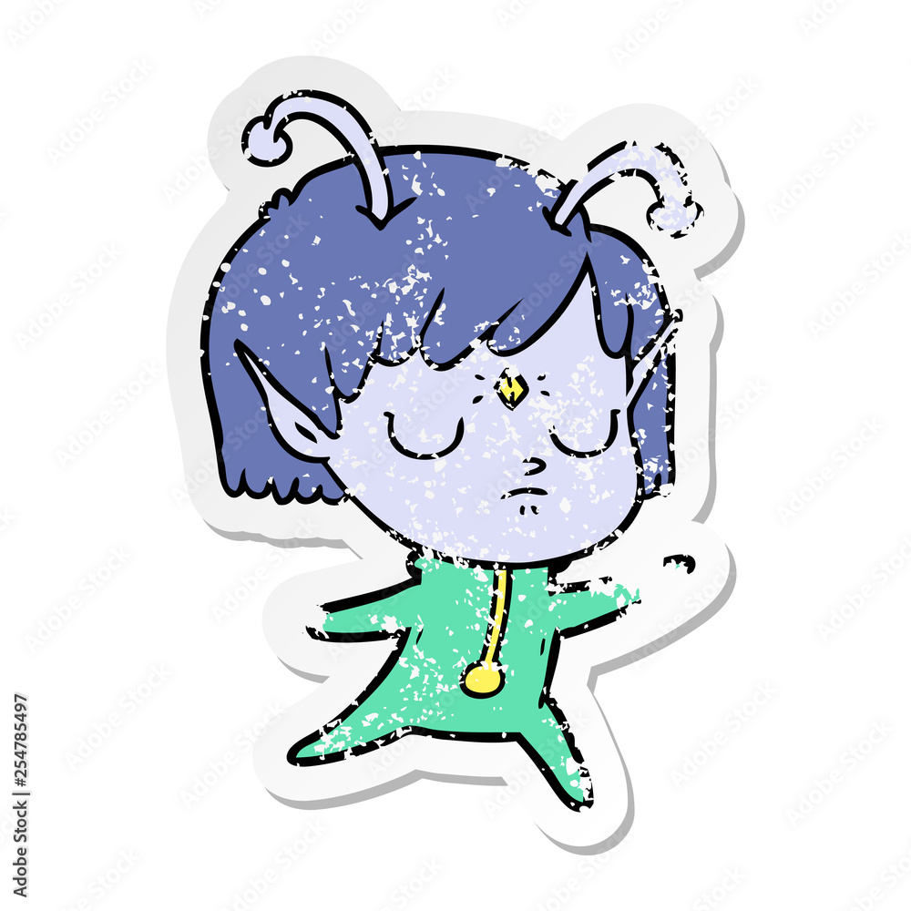 distressed sticker of a cartoon alien girl distressed sticker of a cartoon alien girl