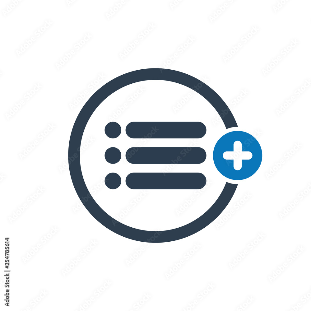 List icon with add sign. List icon and new, plus, positive symbol List icon with add sign. List icon and new, plus, positive symbol