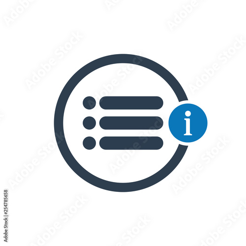 List icon with information sign. List icon and about, faq, help, hint symbol