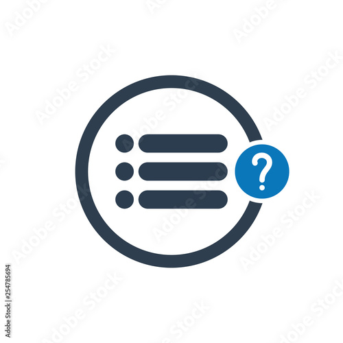 List icon with question mark. List icon and help  how to  info  query symbol