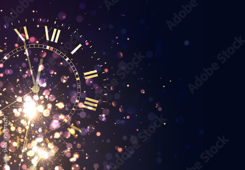 New Years background vintage gold shining clock report time five minutes to midnight.