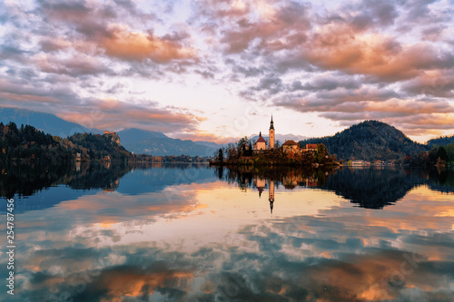 Beautiful landscape and Bled Lake and Church with Castle Slovenia