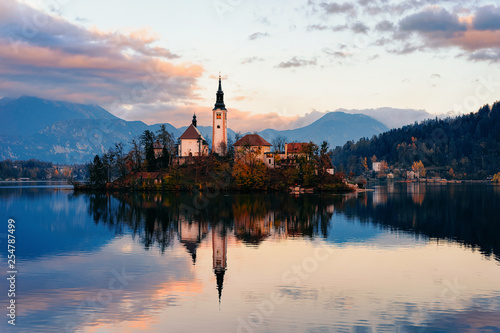 Beautiful landscape of Bled Lake and Church Slovenia sunset
