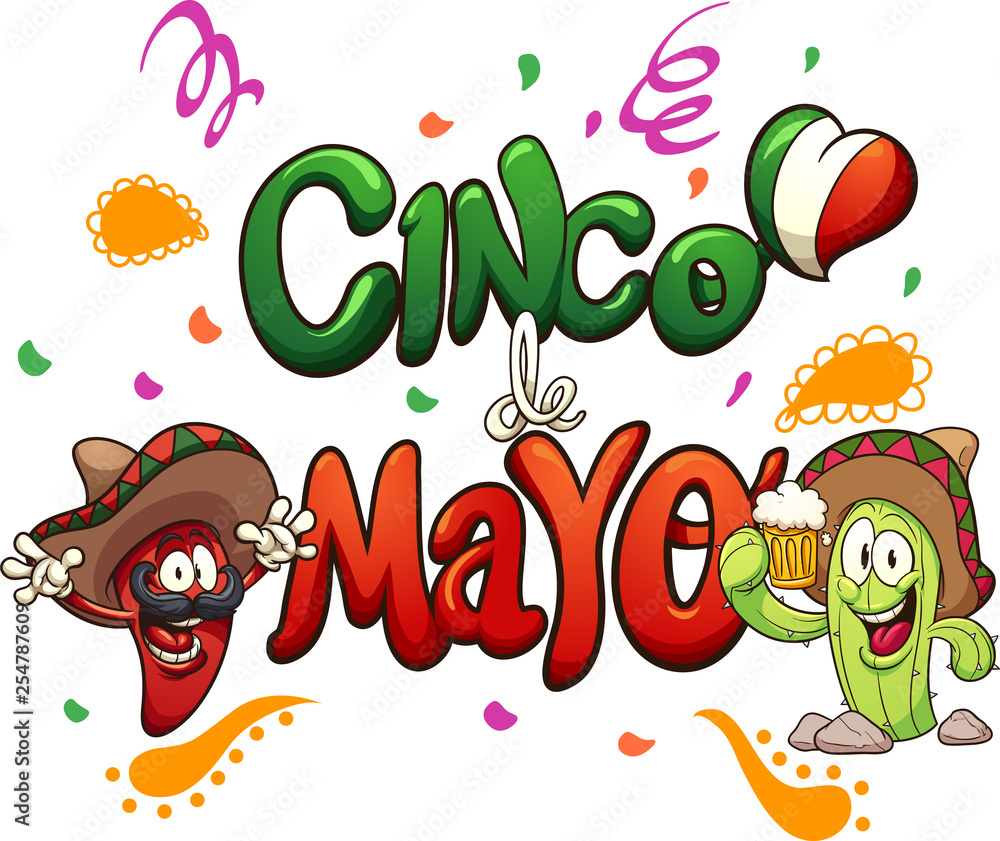 Cartoon cinco de Mayo text clip art. Vector illustration with simple gradients. Some elements on separate layers. 