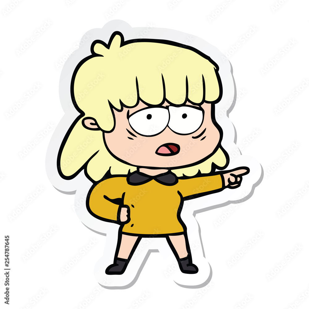 sticker of a cartoon tired woman pointing