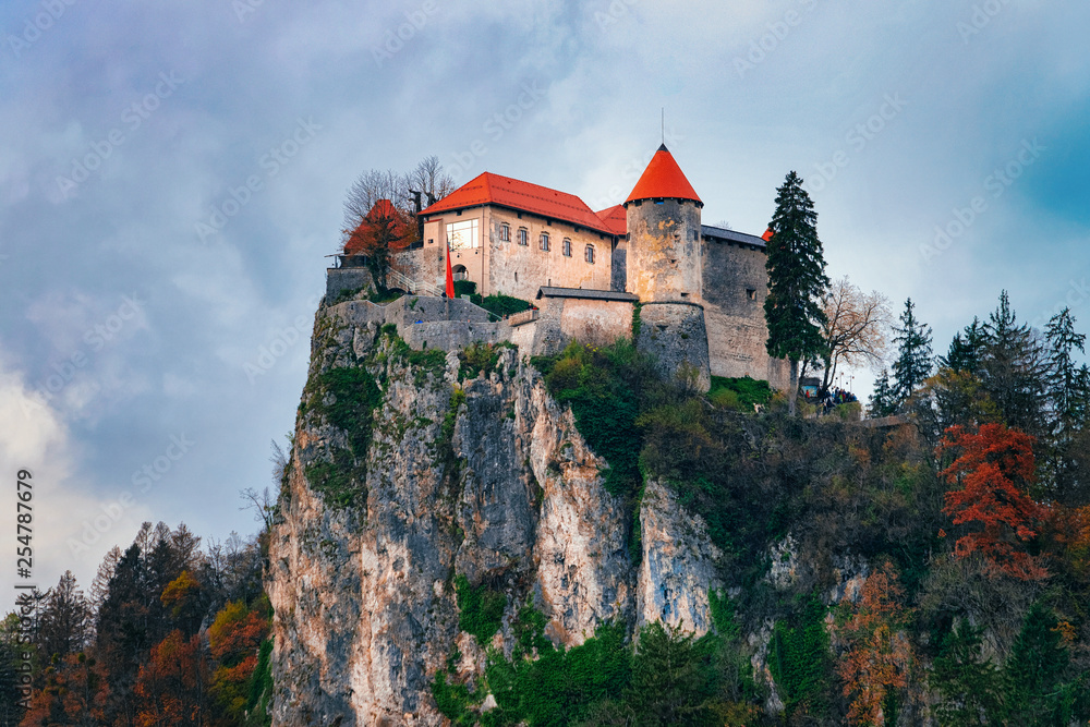 Castle on mountain at Bled Lake in Slovenia