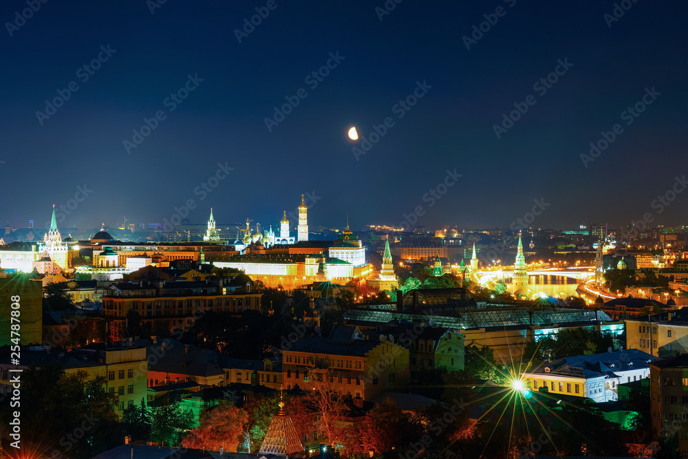 Aerial view of Kremlin in Moscow at night moon