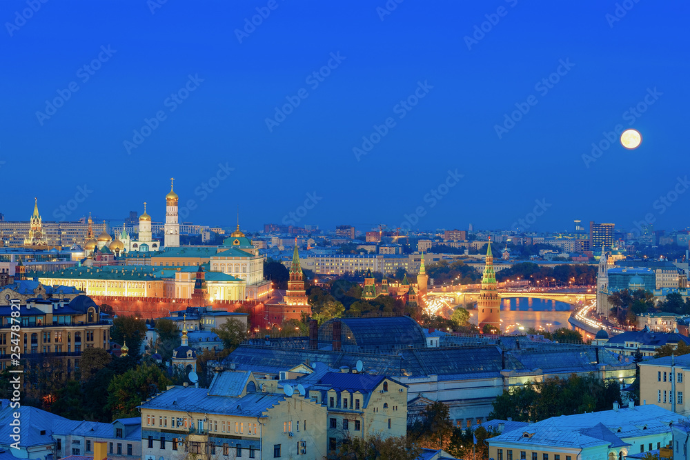 Aerial view of Kremlin of Moscow at night moon