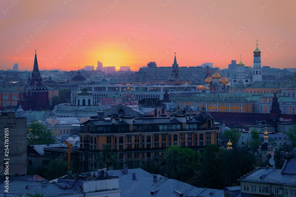 Aerial view of sunrise over Kremlin in Moscow