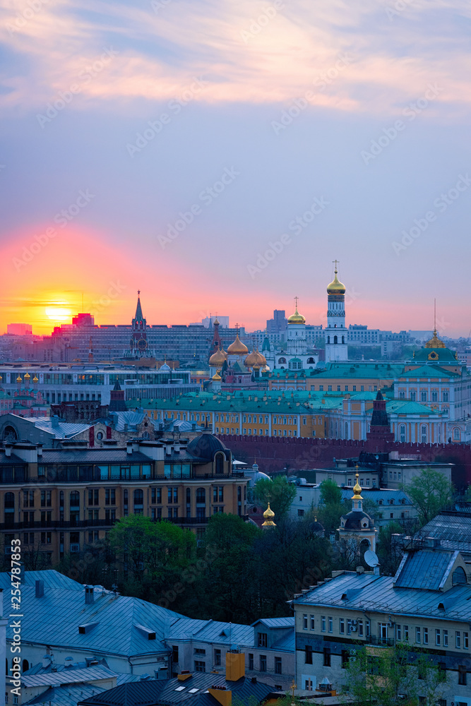 Aerial view of sunrise above Kremlin in Moscow