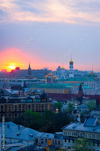 Aerial view of sunrise above Kremlin in Moscow