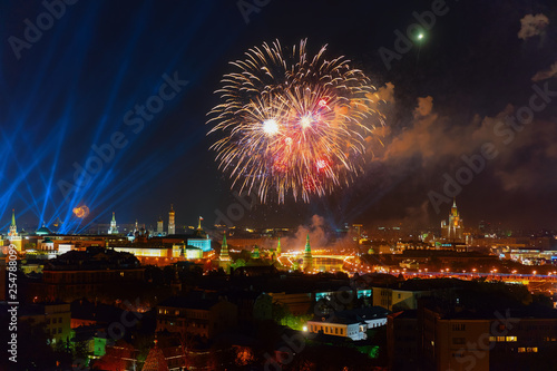 Fireworks above Kremlin in Moscow at night