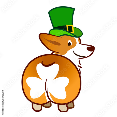 Cute smiling welsh corgi dog in green leprechaun top hat vector cartoon illustration isolated on white background. Funny shamrock clover corgi butt design element for St. Patrick's Day theme.