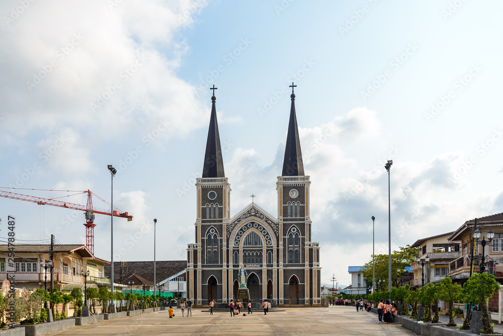 Outdoor sunny view of plaza in front of Cathedral of Immaculate Conception, famous tourist spot Catholic Cathedral, in Chanthaburi, Thailand.