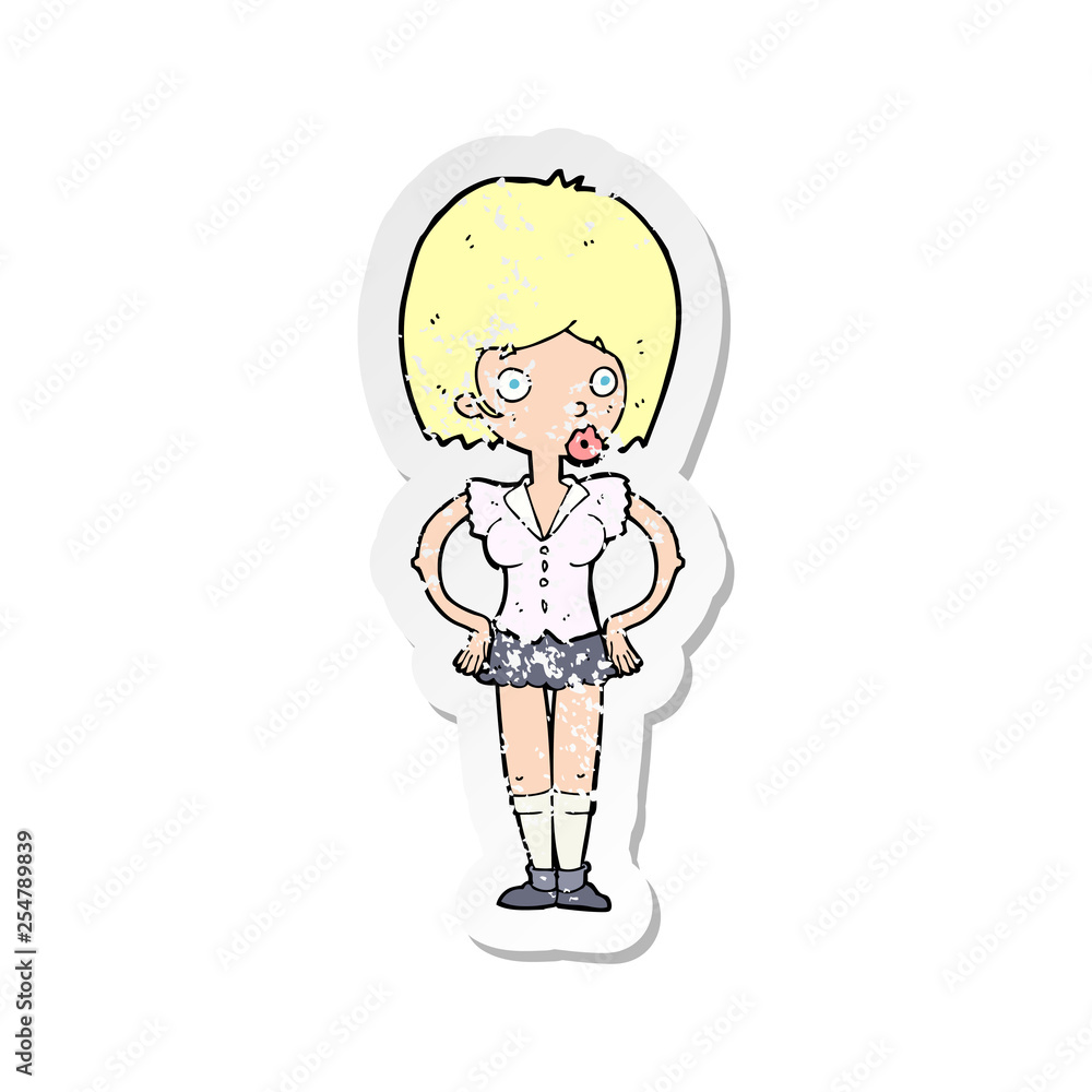 retro distressed sticker of a cartoon woman with hands on hips retro distressed sticker of a cartoon woman with hands on hips
