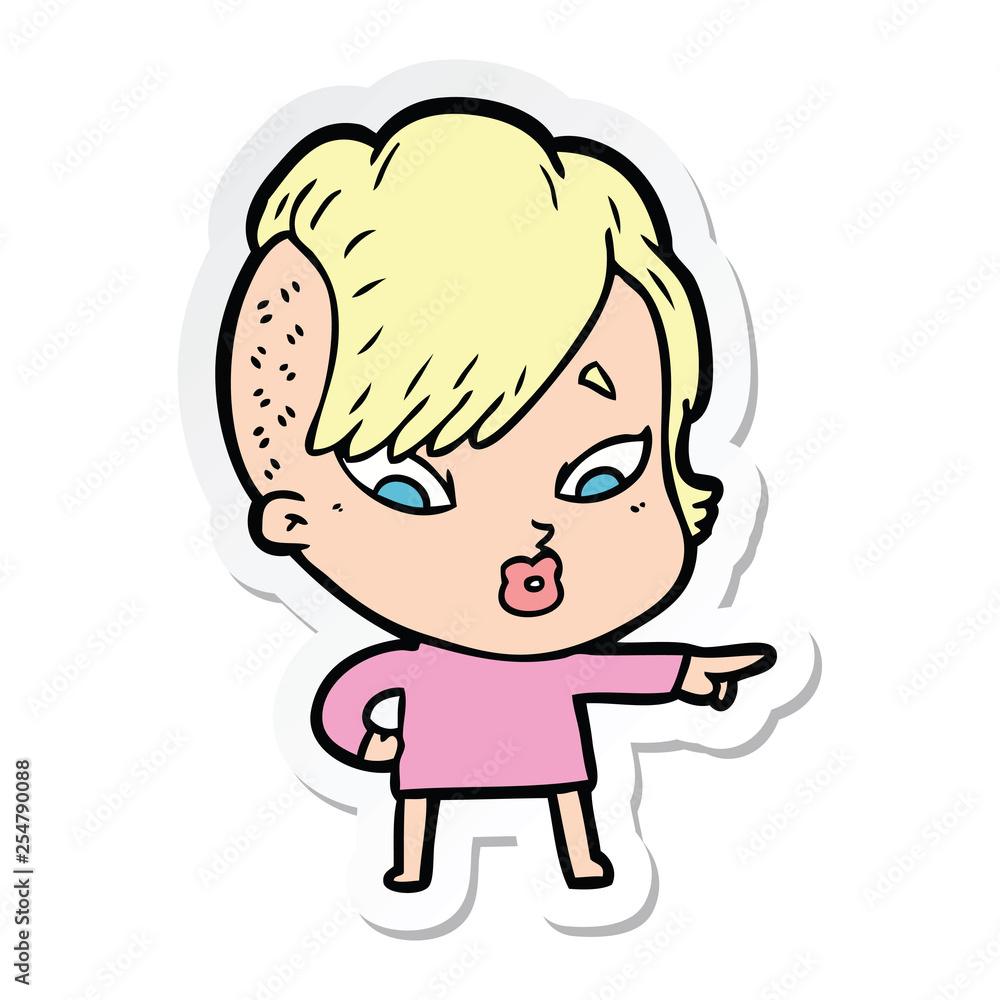 sticker of a cartoon surprised girl pointing sticker of a cartoon surprised girl pointing