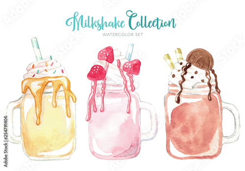 watercolor milkshakes with chocolate, Strawberry, ice cream and macaroons, hand drawn illustration