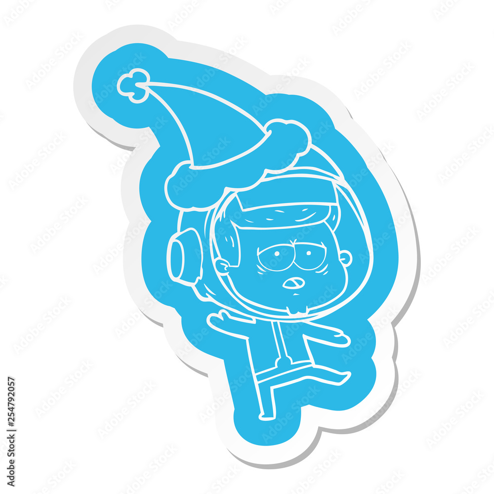 cartoon sticker of a tired astronaut wearing santa hat cartoon sticker of a tired astronaut wearing santa hat