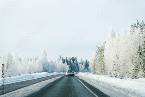 Landscape with car road at snowy winter Lapland