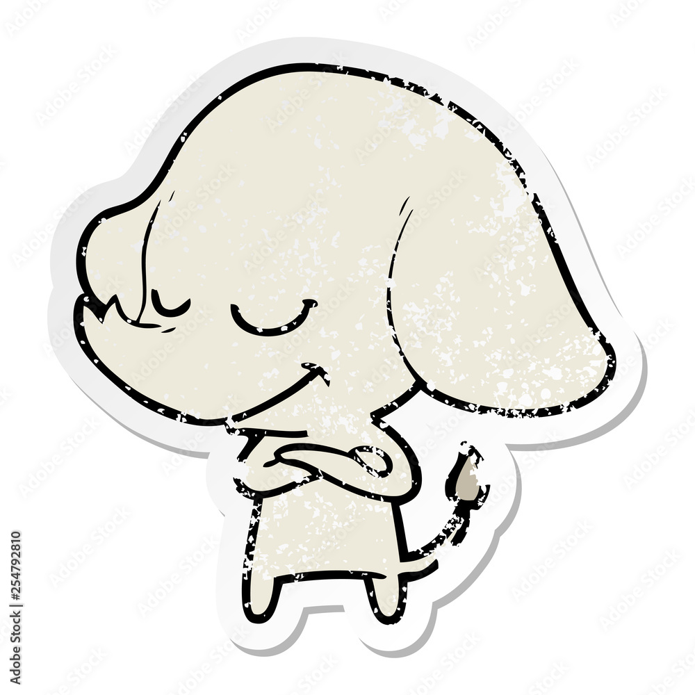 distressed sticker of a cartoon smiling elephant with crossed arms distressed sticker of a cartoon smiling elephant with crossed arms