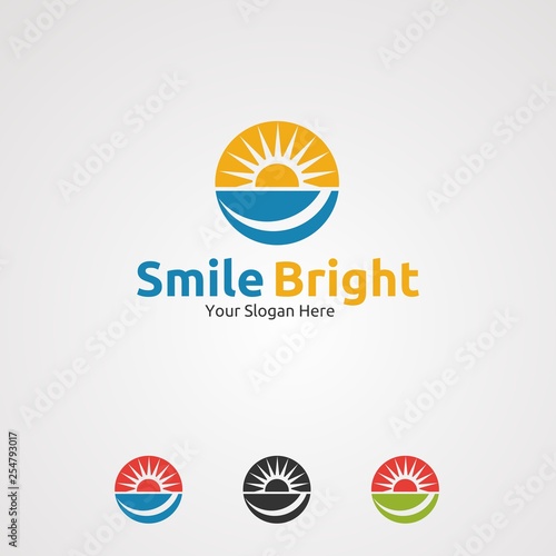 smile bright with circle sun logo vector, icon, element, and template for company
