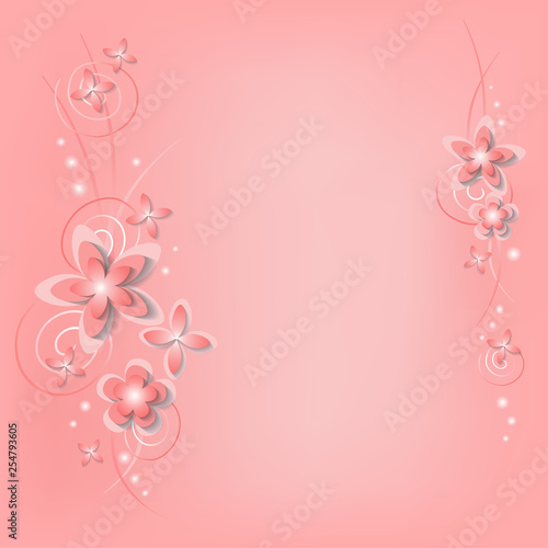 Square background frame with paper cut 3d flowers in delicate pink and white colors. Place for text. Decorative elements for festive design. Vector illustration