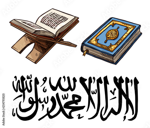 Islam religion symbol with Quaran book on stand