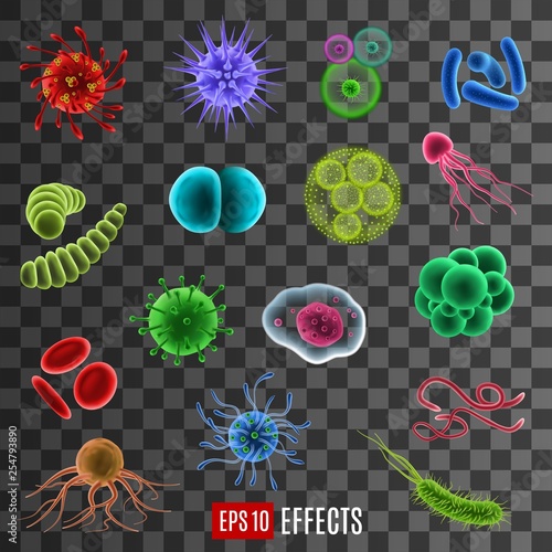 Virus cells, bacterias, germs, microbes 3d icons
