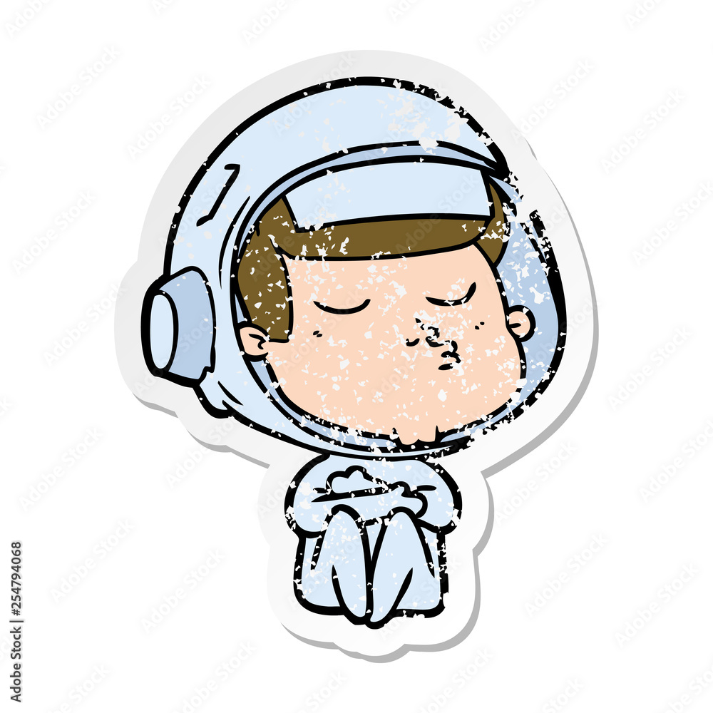 distressed sticker of a cartoon confident astronaut distressed sticker of a cartoon confident astronaut