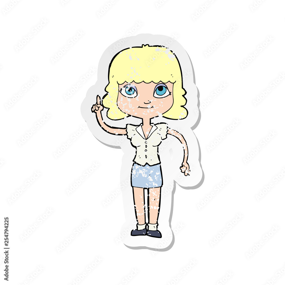 retro distressed sticker of a cartoon woman with idea