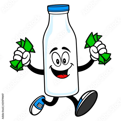 Milk Mascot running with Money - A vector cartoon illustration of a Milk Mascot running with Money.