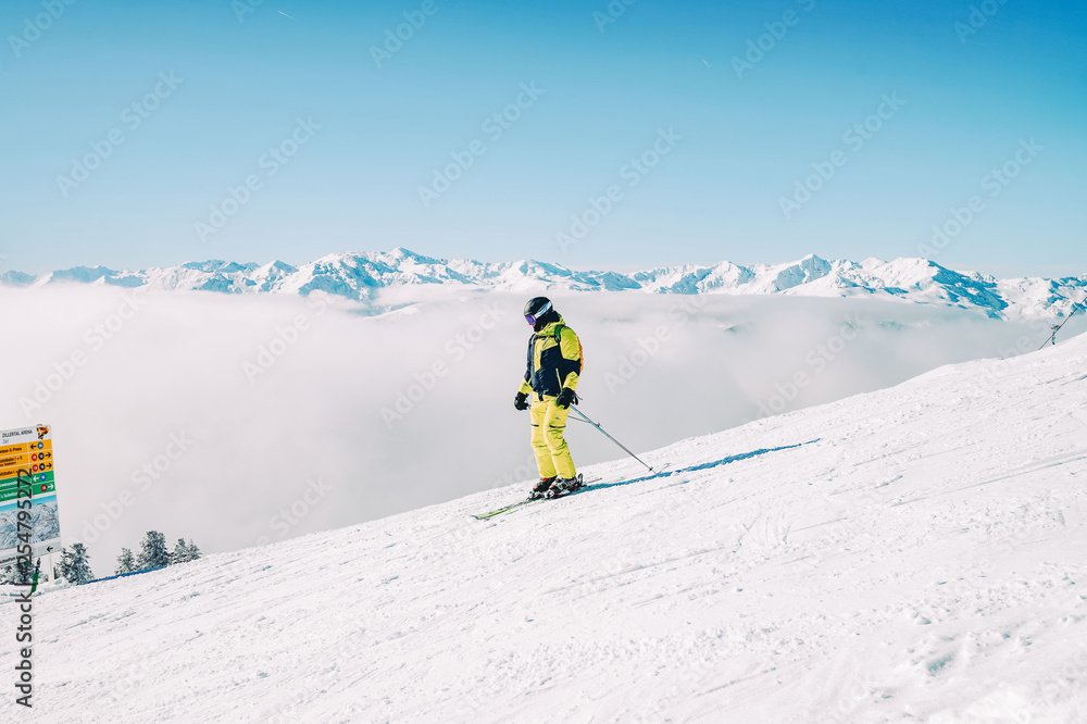 Man Skier in Zillertal Arena ski resort in Tyrol Austria