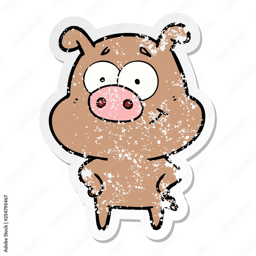 distressed sticker of a happy cartoon pig distressed sticker of a happy cartoon pig