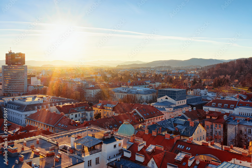Beautiful sunset at Ljubljana old town and business downtown center