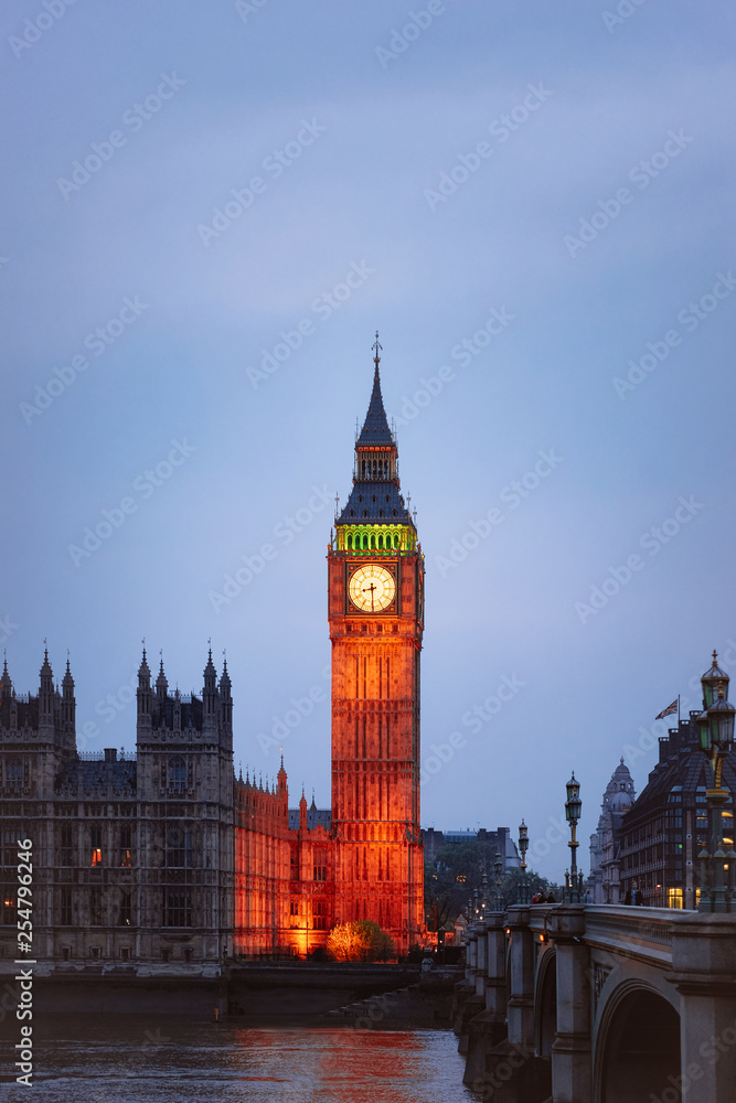 Big Ben at Westminster Palace and Thames River London evening Big Ben at Westminster Palace and Thames River London evening