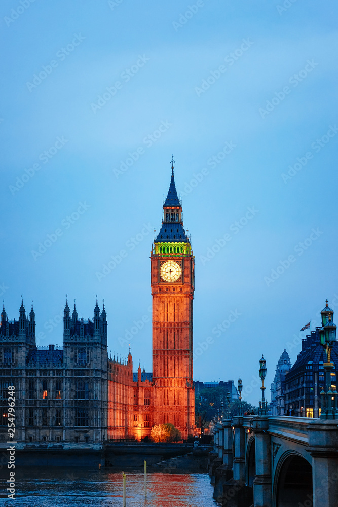 Big Ben at Westminster Palace and Thames River London night Big Ben at Westminster Palace and Thames River London night