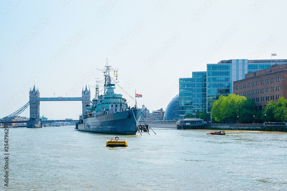 HMS Belfast Ship and Tower Bridge in London