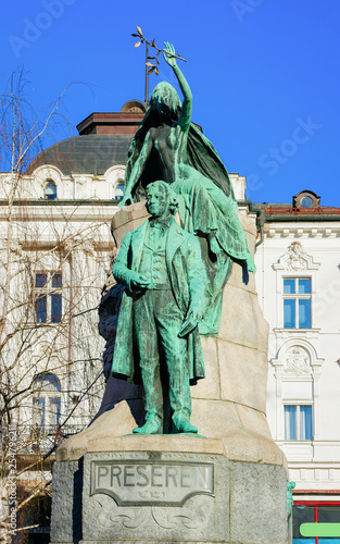 Statue of France Preseren on Presernov Trg Square in Ljubljana