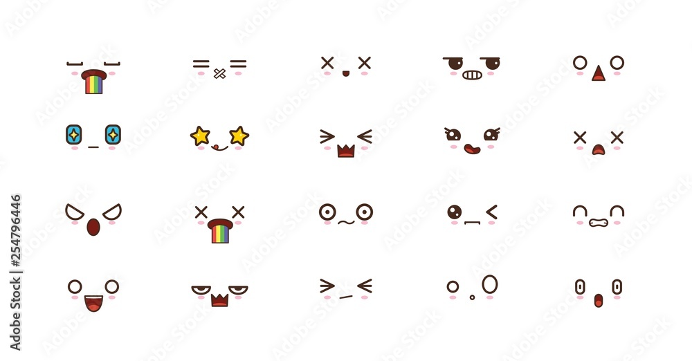 Fototapeta premium Kawaii cute faces smile emoticons. Japanese emoji