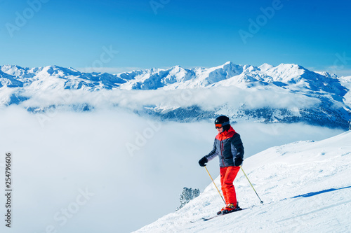 Man Skier in Zillertal mountains Arena ski resort Zillertal