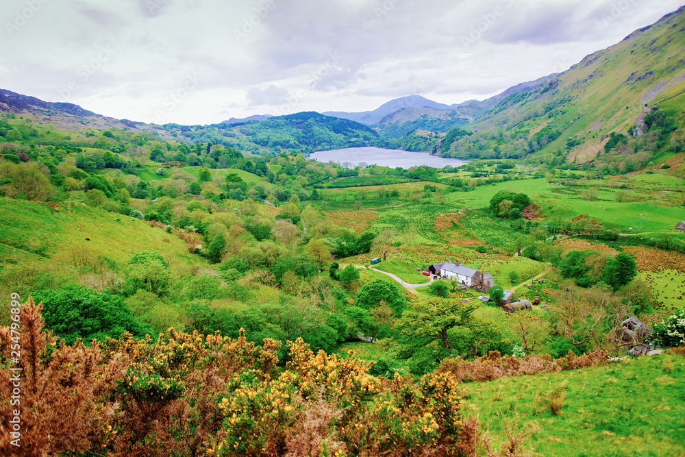 Landscape with mountains and lakes in Snowdonia National Park UK