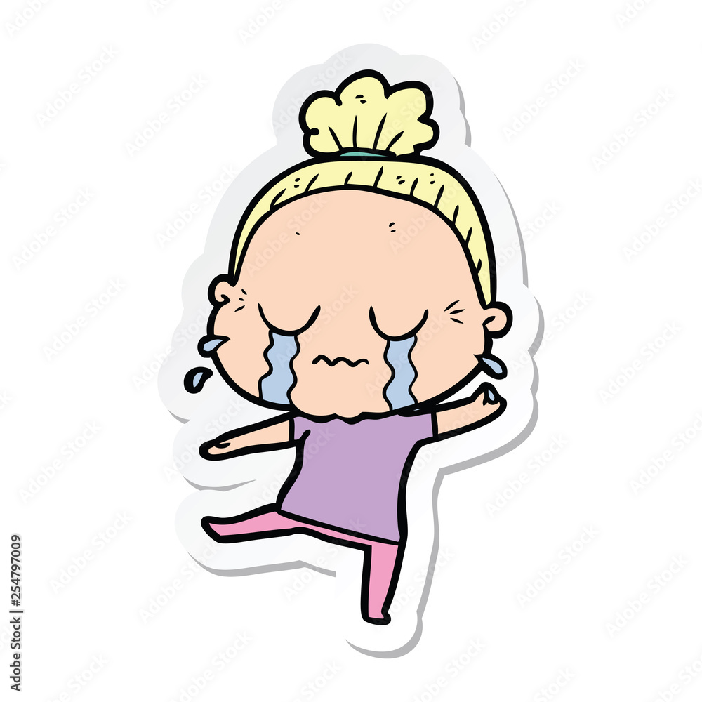 sticker of a cartoon crying old lady