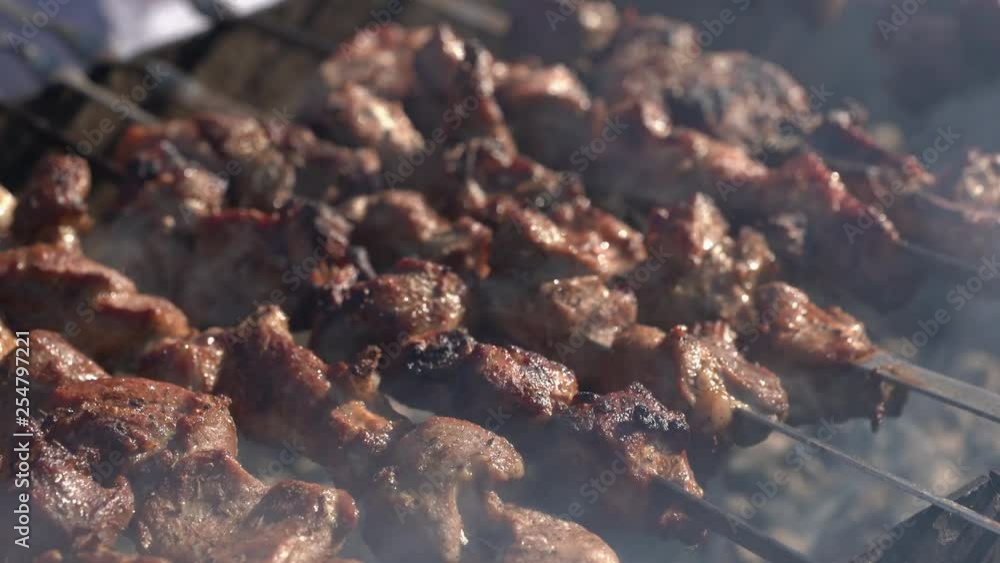 Appetizing juicy pork barbecue cooking on metal skewers on charcoal outdoors grill with fire smoke. Close-up view, selective focus on tasty pieces of meat. Appetizing juicy pork barbecue cooking on metal skewers on charcoal outdoors grill with fire smoke. Close-up view, selective focus on tasty pieces of meat.