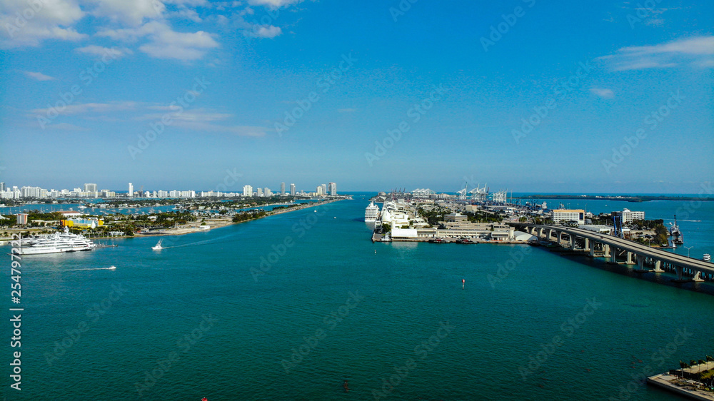 Beautiful Miami Port and Miami Beach Skyline