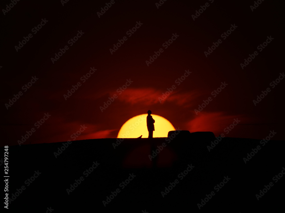 Tokyo,Japan-March 12, 2019: A silhouette of a person and a bird on a hill at sunset