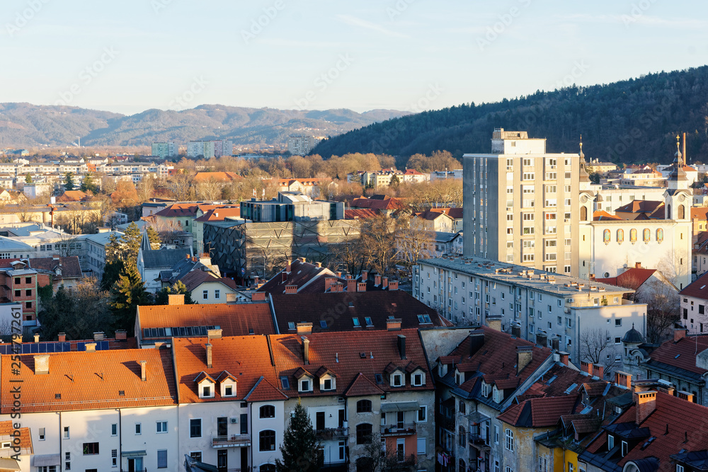 Panoramic view on city center of Ljubljana and mountains