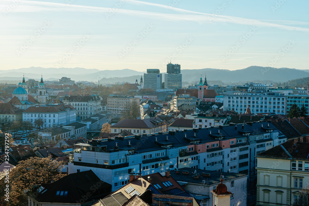 Panoramic view to city center of Ljubljana and mountains