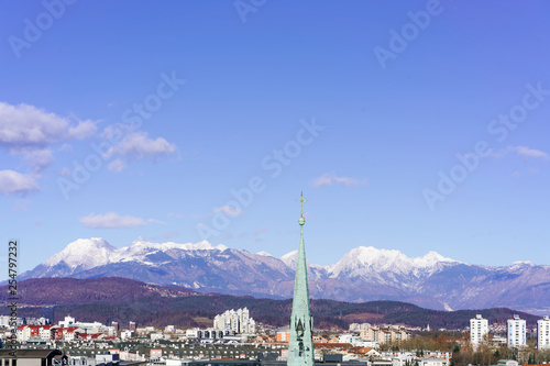 Panoramic view of city center of Ljubljana with mountains