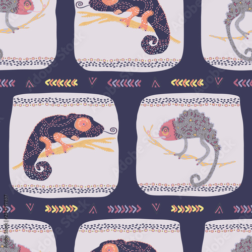 Cartoon chameleon textured lizard seamless pattern. Colorful reptile repeatable tile vector illustration. Pet store, kids camouflage  design wallpaper. Hand drawn exotic animal silhouette background. 