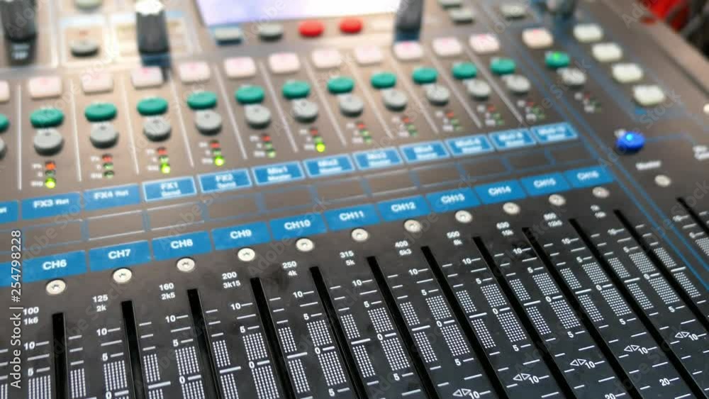 Sound Mixer Console With Audio Channel Faders Close-Up Sound Mixer Console With Audio Channel Faders Close-Up